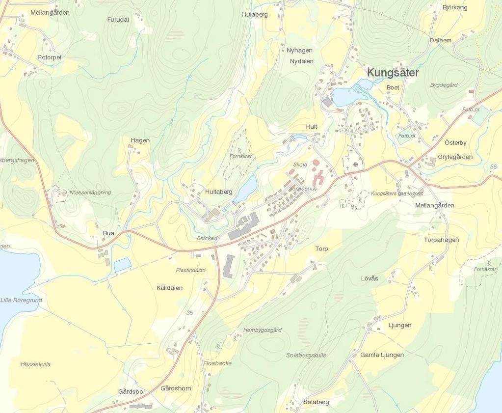 generellt från nordöst-sydväst med nivåskillnader inom Kungsäter samhälle på mellan ca +30 och +60. I norr och söder angränsar bergsområden med marknivåer på upp till +90.