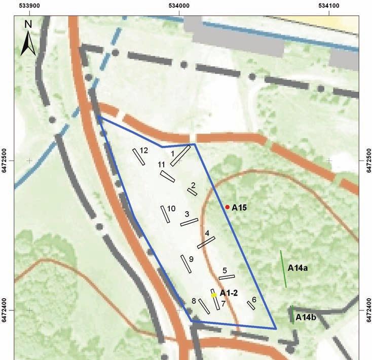 Figur 4. Södra området. Schaktplan med objekten markerade och numrerade. Rött=fornlämning, bevakningsobjekt, grönt= övrig kulturhistorisk lämning, gult= inte fornlämning.