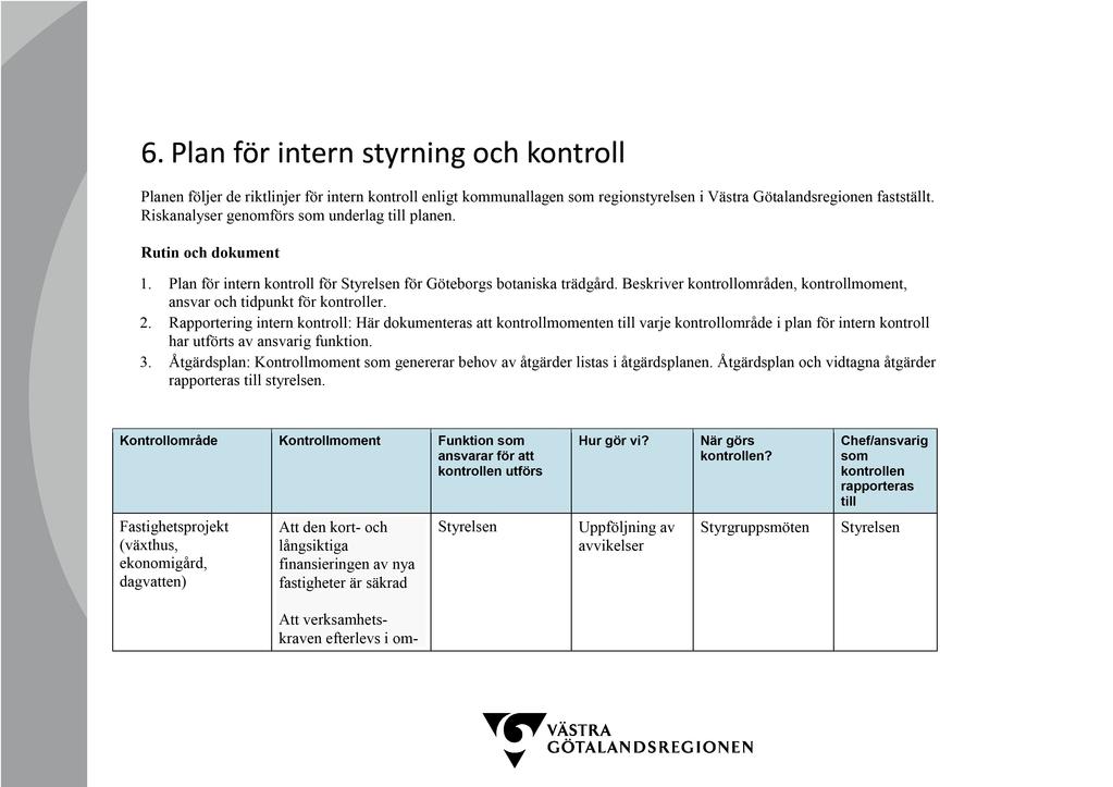 6. Plan för intern styrning och kontroll Planen följer de riktlinjer för intern kontroll enligt kommunallagen som regionstyrelsen i Västra Götalandsregionen fastställt.