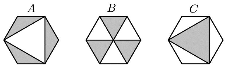 sida 3 / 9 9. I tre lika stora regelbundna sexhörningar A, B och C har man skuggat områden vars areor är X, Y och Z. Vilket av följande påståenden är sant?