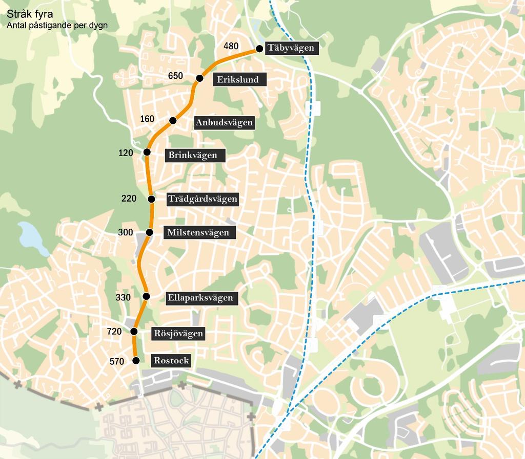 30(75) Täbyvägen trafikeras av busslinje 611, 616 samt nattbuss 690 och 695 samt på vissa delar även av linje 604 och linje 613.