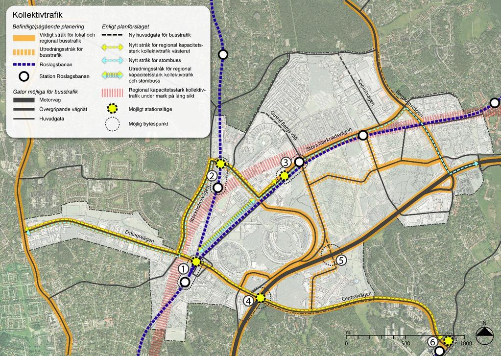 60(75) Figur 34 Befintlig /pågående planering av kollektivtrafiken i Täby samt enligt planförslaget i Täby stadskärna 2050 Fördjupad översiktsplan, utställningsförslag december 2018.