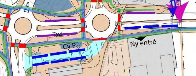 Figur: En egen yta skapas för lokalbusslinjerna Taxi, angöring och korttidsparkering Taxi hänvisas till Edsviksvägens södra kantsten mellan Golfbanevägen och Gamla Landsvägen.
