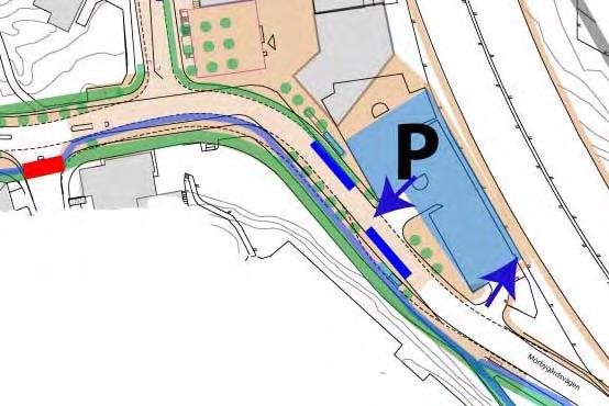 Mörbygårdsvägens utformning I norra delen av Mörbygårdsvägen föreslås gatans kurva rätas något. På så sätt fås ett större torg vid den södra entrén till centrum.