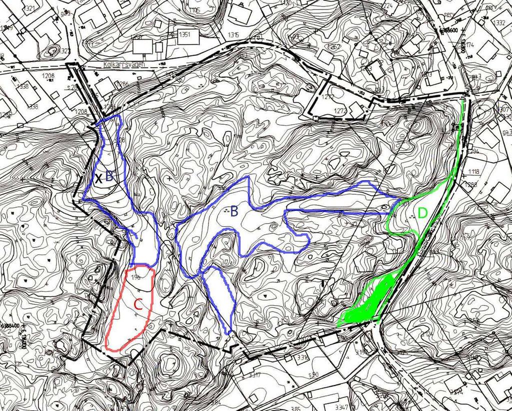 3 Karta över planområdet. B betecknar dalstråken; C ljunghedsfragment och D kantzonen mot Dammkärrsvägen. Ej markerade områden är hällmarker.