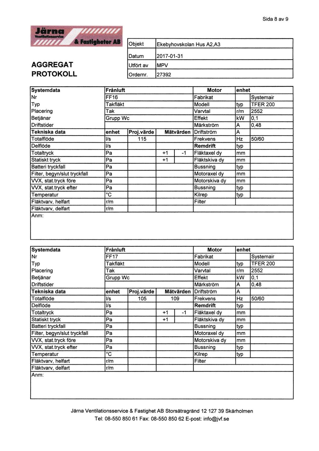Sida 8 av 9 Objekt Ekebyhovskolan Hus A2,A3 AGGREGAT PROTOKOLL Datum 2017-01-31 Utfört av MPV Ordernr.