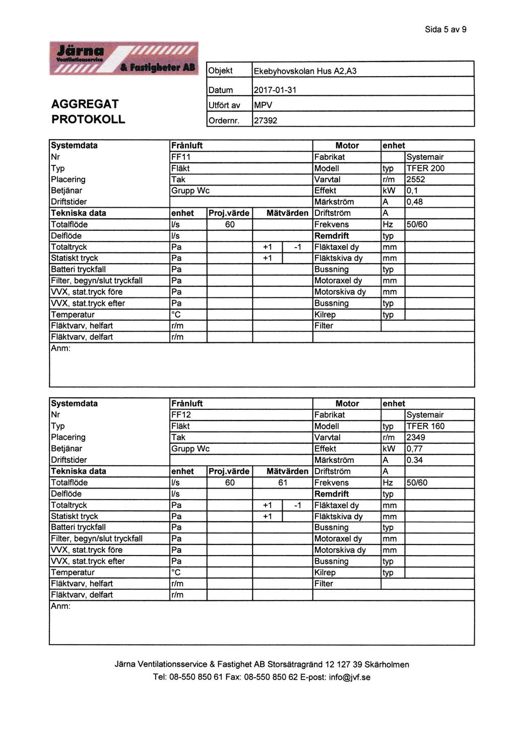 Sida 5 av 9 Objekt Ekebyhovskolan Hus 42,43 AGGREGAT PROTOKOLL Datum 2017-01-31 Utfört av MPV Ordernr.