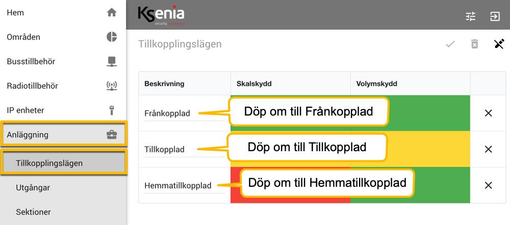 Tillkopplingslägen För att programmera Tillkopplingslägen, klicka på Anläggning och Tillkopplingslägen.