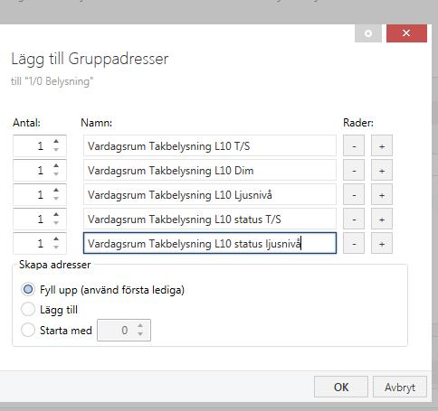 Skapa nu gruppadresser för lampa 2.
