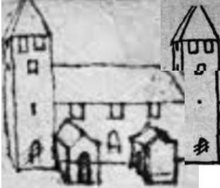 Ursprungsutseende och orientering Söder Norr Bureus berättar i samband med att han ritade sin bild att: Sköns kyrka hade tu torn förr; när det ena föll bort, läto de där göra bolgård av.