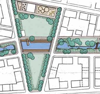 Längs ån sparas stora uppvuxna träd, medan slyvegetation gallras eller tas bort. För att klara vissa större träd nära ån föreslås lutande stensatta skoningar.