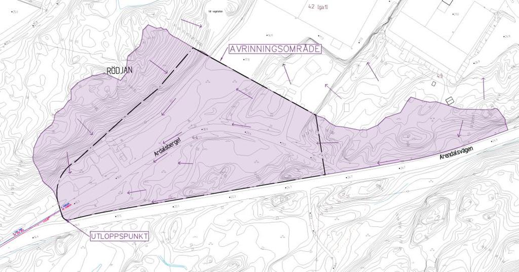 Figur 6: Avrinningsområde till utloppspunkten i planområdets sydvästligaste hörn. Se ritning i Bilaga 2. Planområdet markeras med svart linje.
