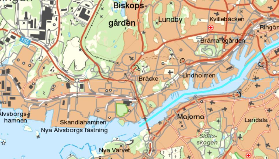 Figur 8: Utsträckning av den preliminära vattenförekomsten Göta älv Säveåns inflöde till mynningen vid Älvsborgsbron SE640423-126995(blå markering) hämtat från www.viss.lst.se 2017-03-27.