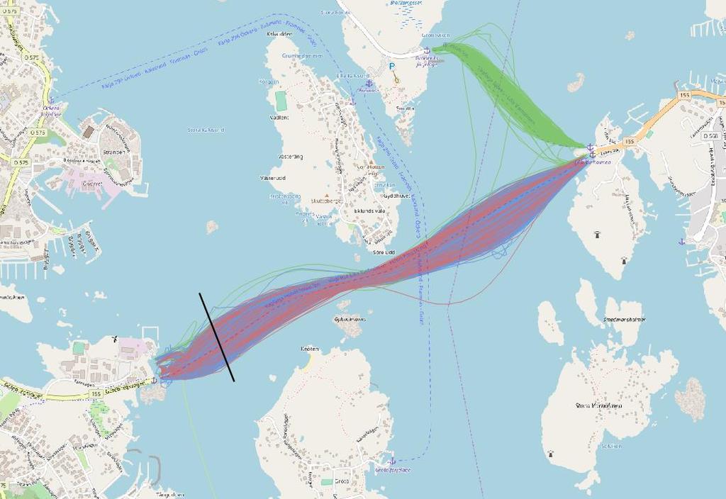 Ada Beda Göta Svanhild Figur 5.2 AIS-spår registrerade under maj 2017 för de fyra färjorna på Hönöleden. Tabell 5 Antalet passager på Hönöleden under maj 2017.