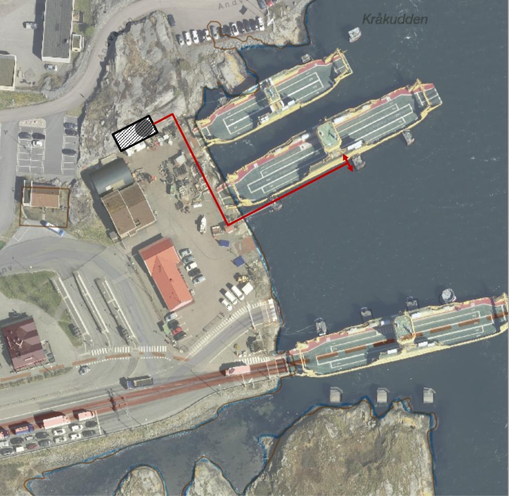 Figur 5.4 Föreslagen bunkeranläggning med tank (grå) och plats för tillhörande utrustning samt bunkerör (röda).