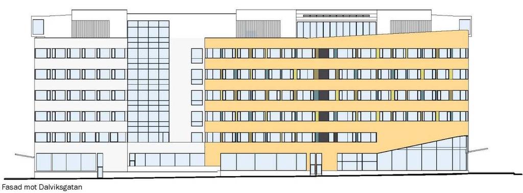 SID 7 (9) Fasader för föreslagen byggnad, varav den övre visar fasad mot Dalviksgatan och den nedre mot Hans Werthéns gata.