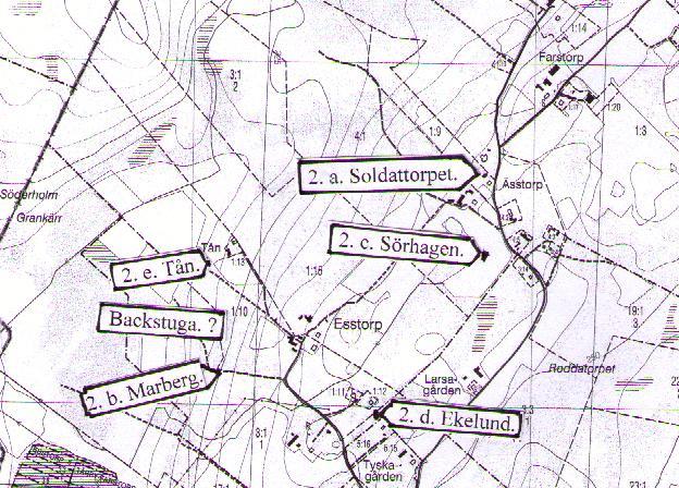 15 2. a. Soldattorpet. Se Knektar i Tärby. 2. b. Backstugor : Under Gården C. c (Svensson) och C. d. (Hörder.) fanns två Backstugor, Marberg, och en ej namngiven.