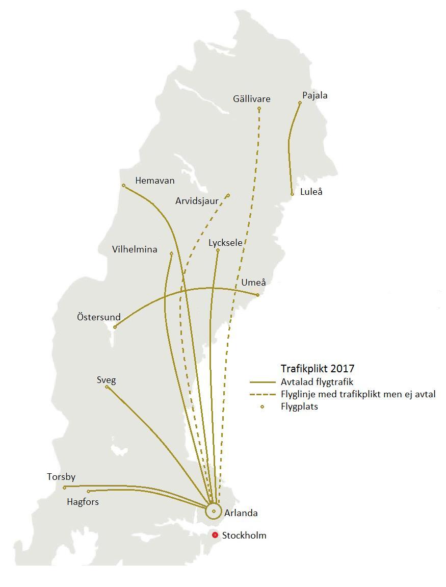 2. Nuvarande trafik 2.1. Beskrivning av dagens flyglinjer Kartan visar de flyglinjer där det finns allmän trafikplikt.