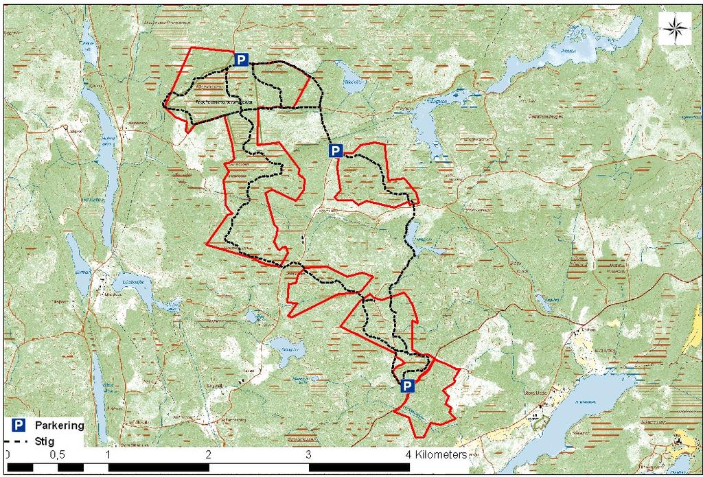 Intill parkeringsplatsen och stigarna som leder in till reservatet bör informationsskyltar sättas upp, Se i på skötselkartan. En markerade stig som går igenom området planeras, se skötselkarta.