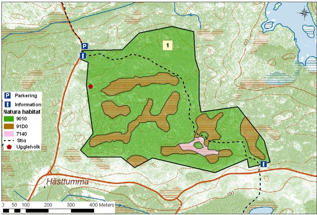 2.1 Skötselområden Reservatet är indelat i 2 skötselområden; 1) talldominerad skog med bränningsbehov, 2) Information, vandringsstig och parkering med anläggnings- och underhållsbehov samt en