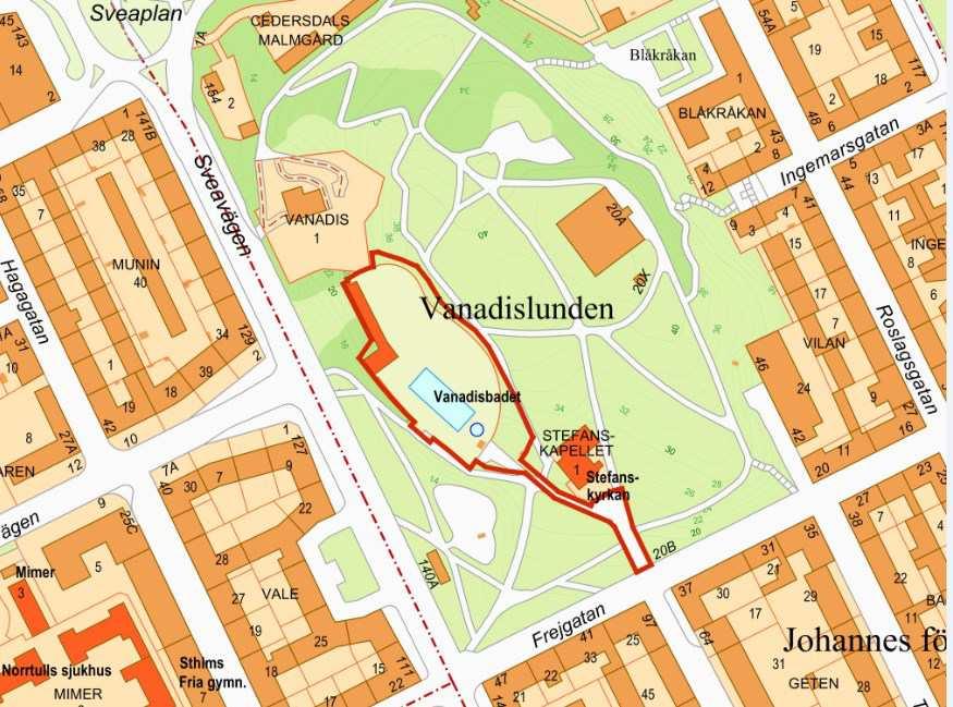 Sida 3 (8) Utdrag ur stadskartan med planområdet markerat med röd linje i parken. Planområdets läge och omfattning Vanadisbadets anläggning byggdes utefter Sveavägen en bit upp i Vanadislunden.