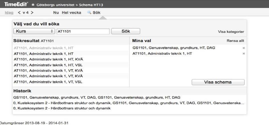 Undervisar du i eller läser flera kurser samtidigt kan du ta fram schemat för alla kurser på en gång.