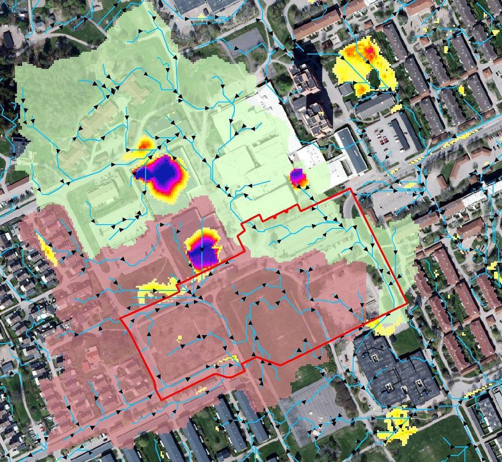 Avrinningsområden och lågpunkter Plangräns Rinnvägar Delavrinningsområden ARO1 ARO2 Lågpunkter Djup 1,9 m Djup 0,2 m Figur 3. Avrinningsområden och rinnvägar inom och I anslutning till planområdet.