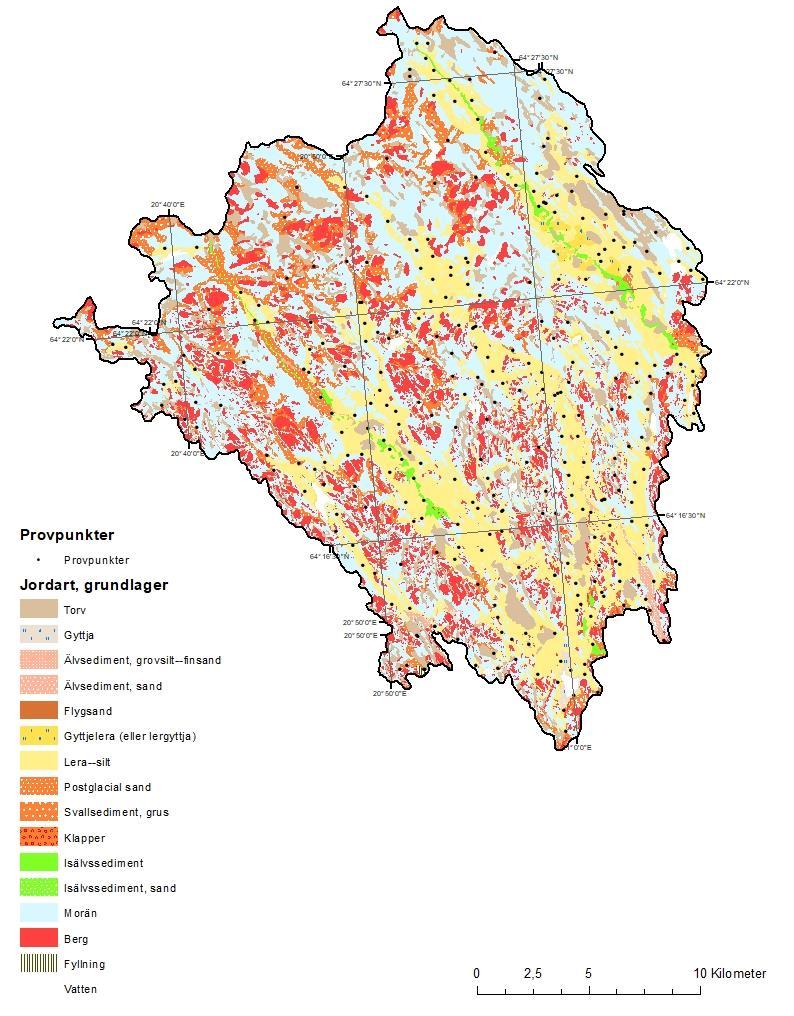 Figur 3. Jordartskarta över Hertsångerälvens avrinningsområde med provpunkter.