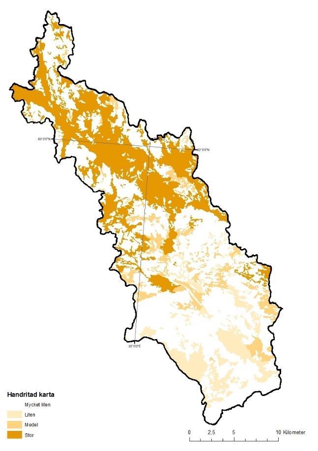 Figur 20. Modellerad (till vänster) och handritad (till höger) förekomstkarta över sura sulfatjordar i Toby å.