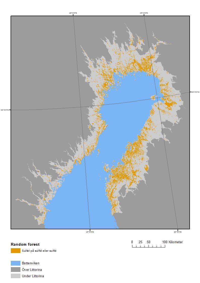 Figur 21. Karta över förekomsten av sura sulfatjordar kring Bottenviken.