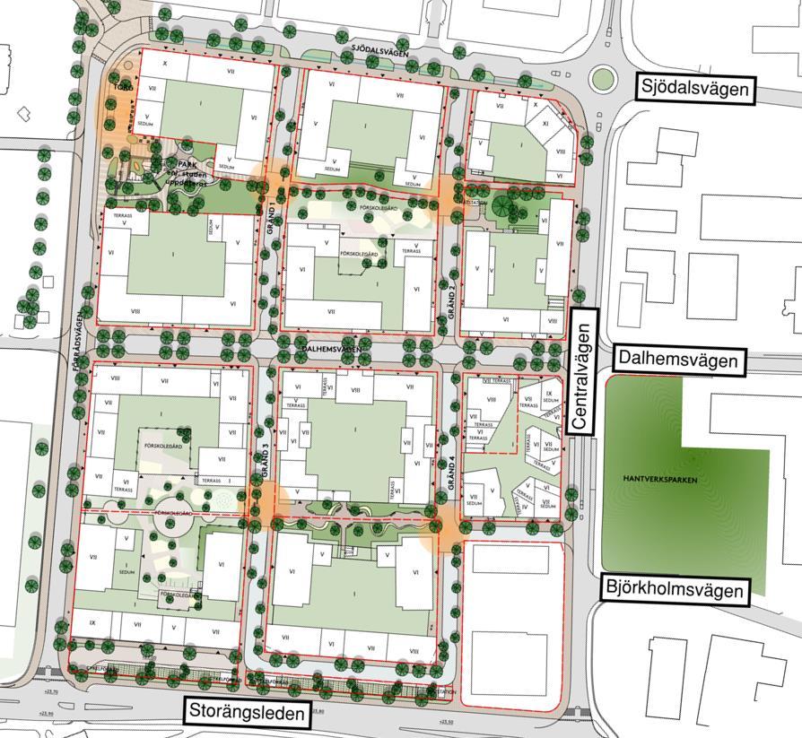 Figur 2.3. Planerad omvandling av det aktuella planområdet med Storängsleden och Centralvägen markerade. Även Björkholmsvägen, Dalhemsvägen och Sjödalsvägen är markerade i figuren.