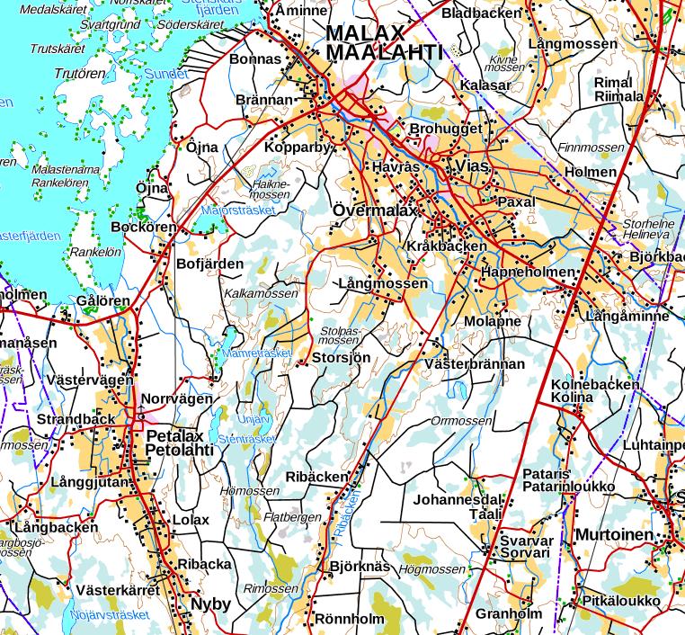 2 2. PLANERINGSOBJEKT OCH INFLUENSOMRÅDE Planeringsområdet är beläget söder om Malax kommuns administrativa centrum i Köpings på ett avstånd av ca 8 km, avståndet till Övermalax centrum (tätort) är