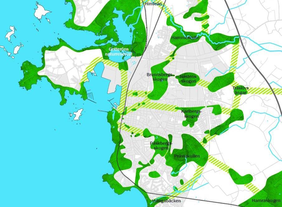 8 (16) Illustration från kommunen grönstrategi med Östra Träslöv inringat. Här visas befintliga gröna huvudstråk i stadsområdet på en översiktlig nivå, samt var gröna kopplingar saknas.