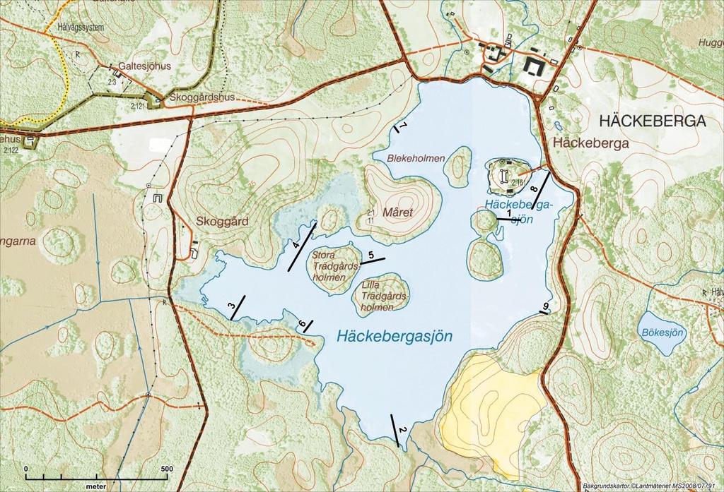 Höje å 217 Bilaga 12 Figur 1. Karta över Häckebergasjön och transekternas lägen vid makrofytinventeringen. Vid inventeringen har eftersträvats att ta ett krattdrag per djupintervall om 2 cm.