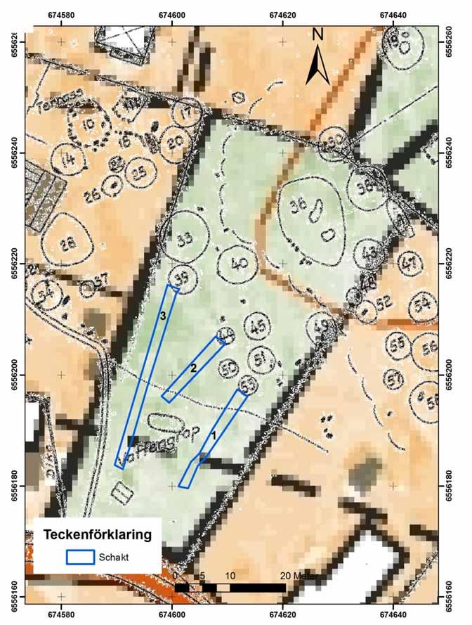 Figur 3. Detalj över de undersökta schakten på den för förundersökningen aktuella fastigheten Skog- Ekeby 6:116.