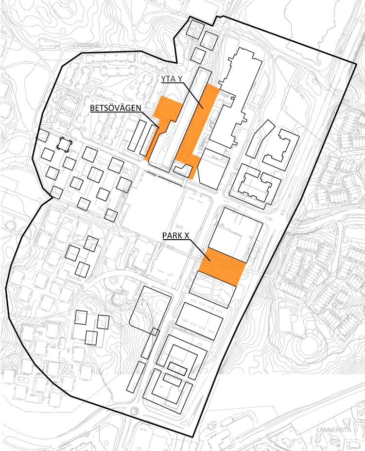 Figur 4. Övrig allmän platsmark inom utredningsområdet, markerat med orange. Den planerade bebyggelsen är markerad med svarta polygoner. 3.