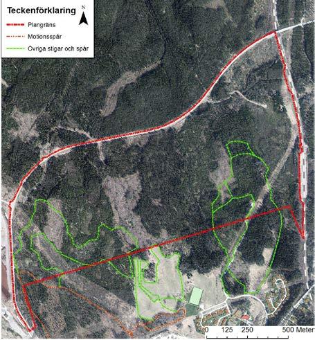 2 (5) Figuren visar en kartbild över befintligt motionsspår (orange linje) och övriga stigar och spår där personer med GPS-utrustning har rört sig (gröna linjer).