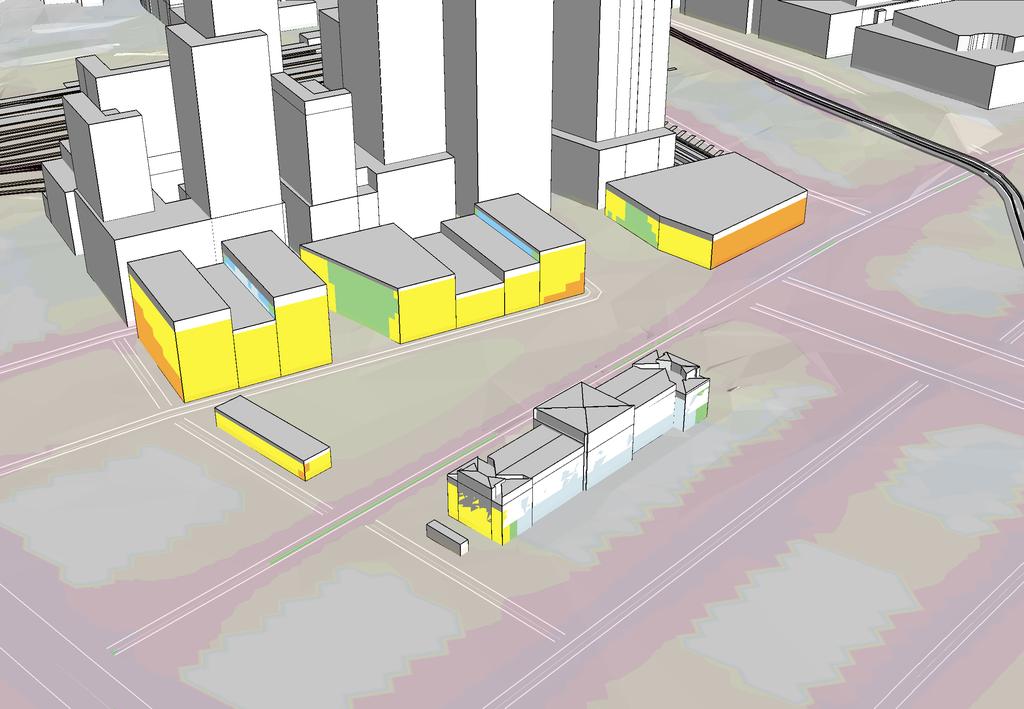 Bilaga 4 Fasadnivåer prognosår 2026 Vy från Nordöst Göteborgs Stad Detaljplaner Centralstationen Beräkning nr:5 Filnamn:4-F_VL_P2 Ekvivalent ljudnivå Väg- och spårtrafik Värden vid hus avser