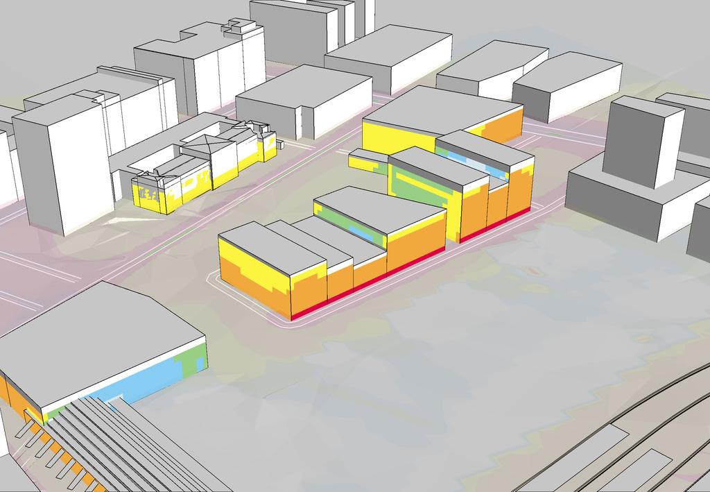 Bilaga 6 Fasadnivåer prognosår 2026 Vy från sydväst Göteborgs Stad Detaljplaner Centralstationen Beräkning nr:5 Filnamn:6-F_VL_P4 Ekvivalent ljudnivå Väg- och spårtrafik Värden vid hus avser
