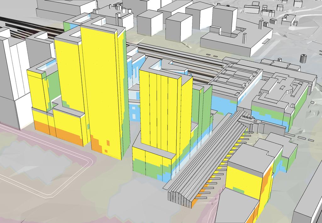 Bilaga 3 Fasadnivåer prognosår 2026 Vy från Nordväst Göteborgs Stad Detaljplaner Centralstationen Beräkning nr:6 Filnamn:3-F_CS_P1 Ekvivalent ljudnivå Väg- och spårtrafik Värden vid hus avser