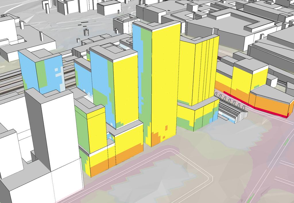 Bilaga 4 Fasadnivåer prognosår 2026 Vy från Nordöst Göteborgs Stad Detaljplaner Centralstationen Beräkning nr:6 Filnamn:4-F_CS_P2 Ekvivalent ljudnivå Väg- och spårtrafik Värden vid hus avser