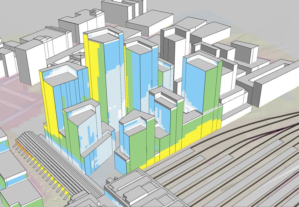 Bilaga 6 Fasadnivåer prognosår 2026 Vy från sydväst Göteborgs Stad Detaljplaner Centralstationen Beräkning nr:6 Filnamn:6-F_CS_P4 Ekvivalent ljudnivå Väg- och spårtrafik Värden vid hus avser