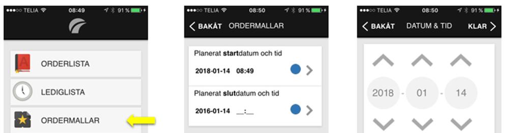 8(8) Ordermallar Här kan man skapa nya order utifrån tilldelade Ordermallar.