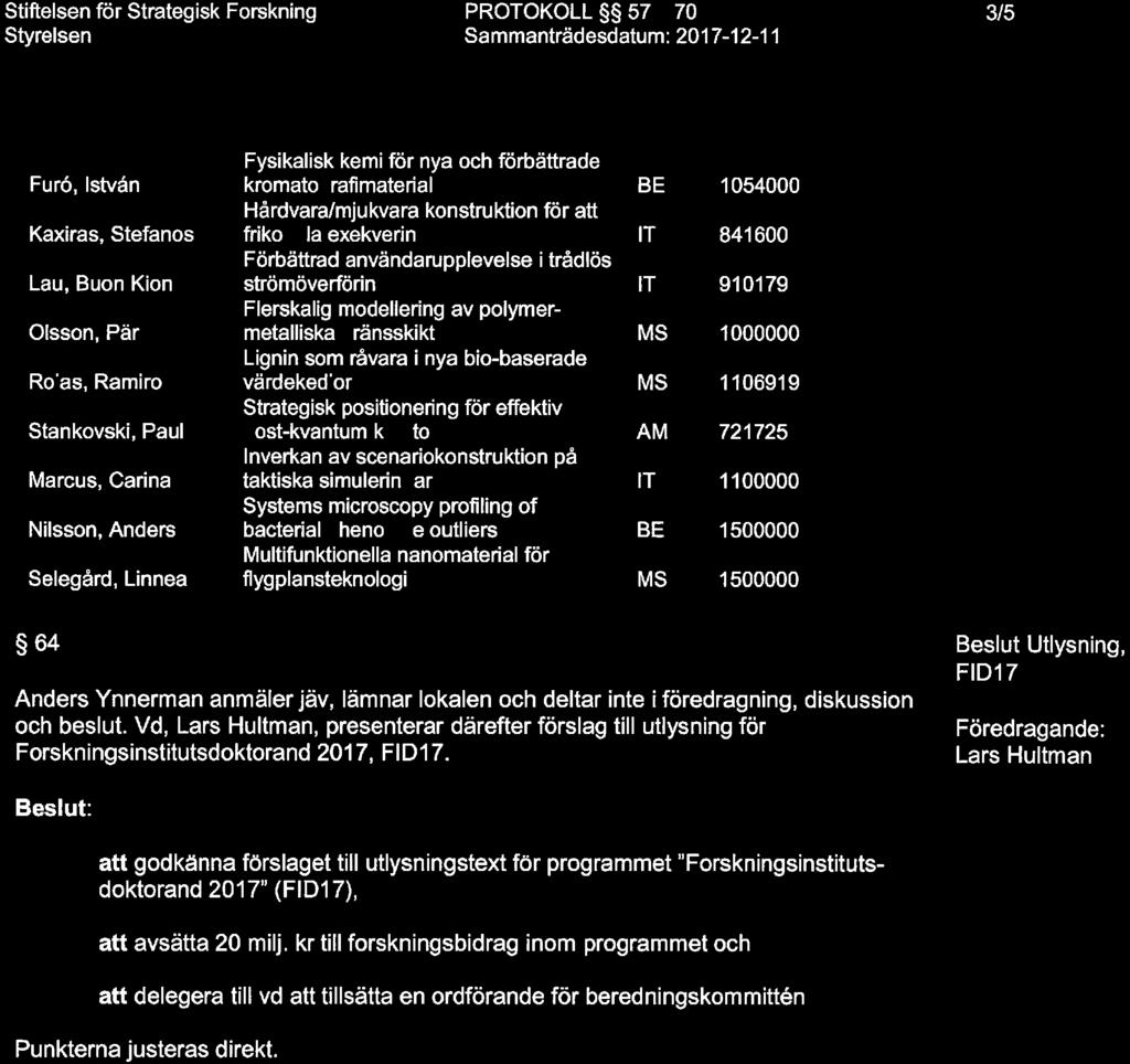 Vd,, presenterar därefter förslag till utlysning för Frskningsinstitutsdktrand 2017, FID17.