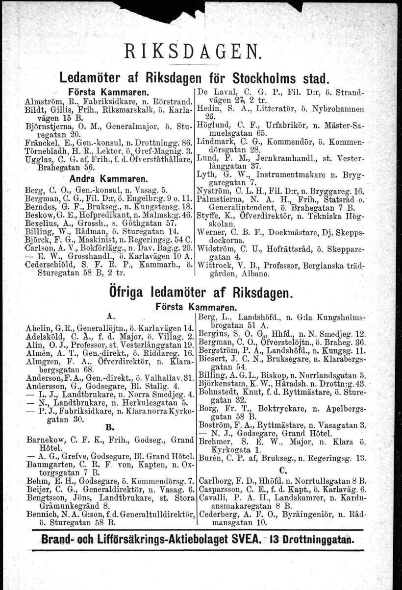 R I KSD A G EN. Ledamöter af Riksdagen för Stockholms stad. Första Kammaren. De Laval, C. G. P., Fil. D:r, ö. Strand- Almström, K, Fabriksidkare, n. Rörstrand. vägen 2'10;2 tro Bildt, Gillis, Frih.