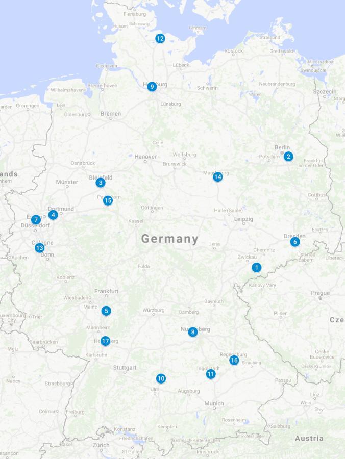 1=Aue, 2=Berlin, 3=Bielefeld, 4=Bochum, 5=Darmstadt, 6=Dresden, 7=Duisburg, 8=Fürth, 9= Hamburg/St.