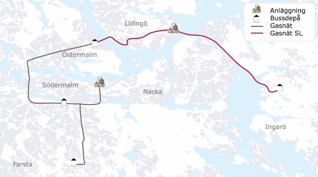 30 (129) Figur 9 Karta över Henriksdals respektive Käppalas biogasanläggningar samt biogasdepåerna Frihamnen, Charlottendal, Fredriksdal och Gubbängen, inklusive sammanbindande gasnät.
