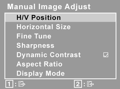 Kontroll Beskrivning Manual Image Adjust (Bildstä llningens) visar menyn Manual Image Adjust. H. Size (horisontell storlek) justerar skärmbildens bredd. H./V.