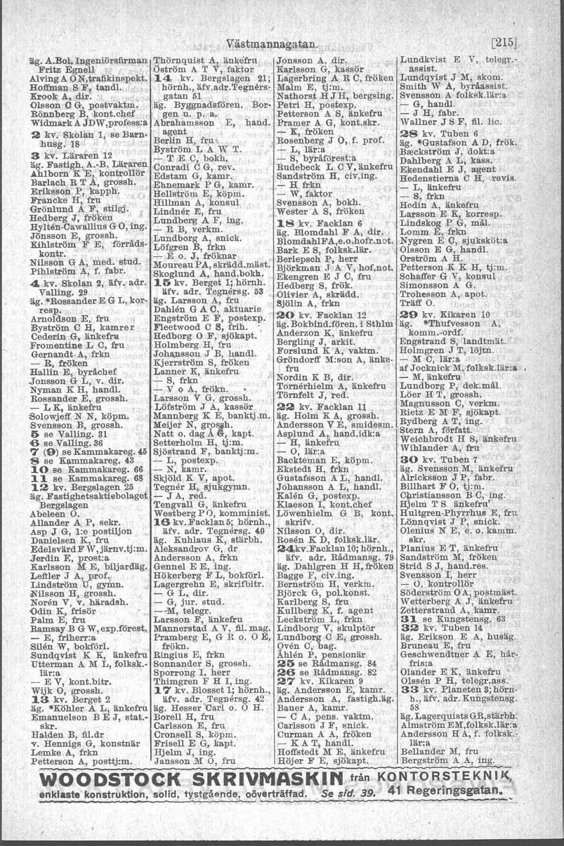 [215] äg. A.BoL lngeniörsfi,ri\lan 1;hörnquist:<\-2 änkefru, Jonsson A,.dir. Lundkvist E Y, telegr.- Fritz r D", ' Öström A T v, faktor Karlsson G; kassör assist.,. AlvingA insp,ejl:t.