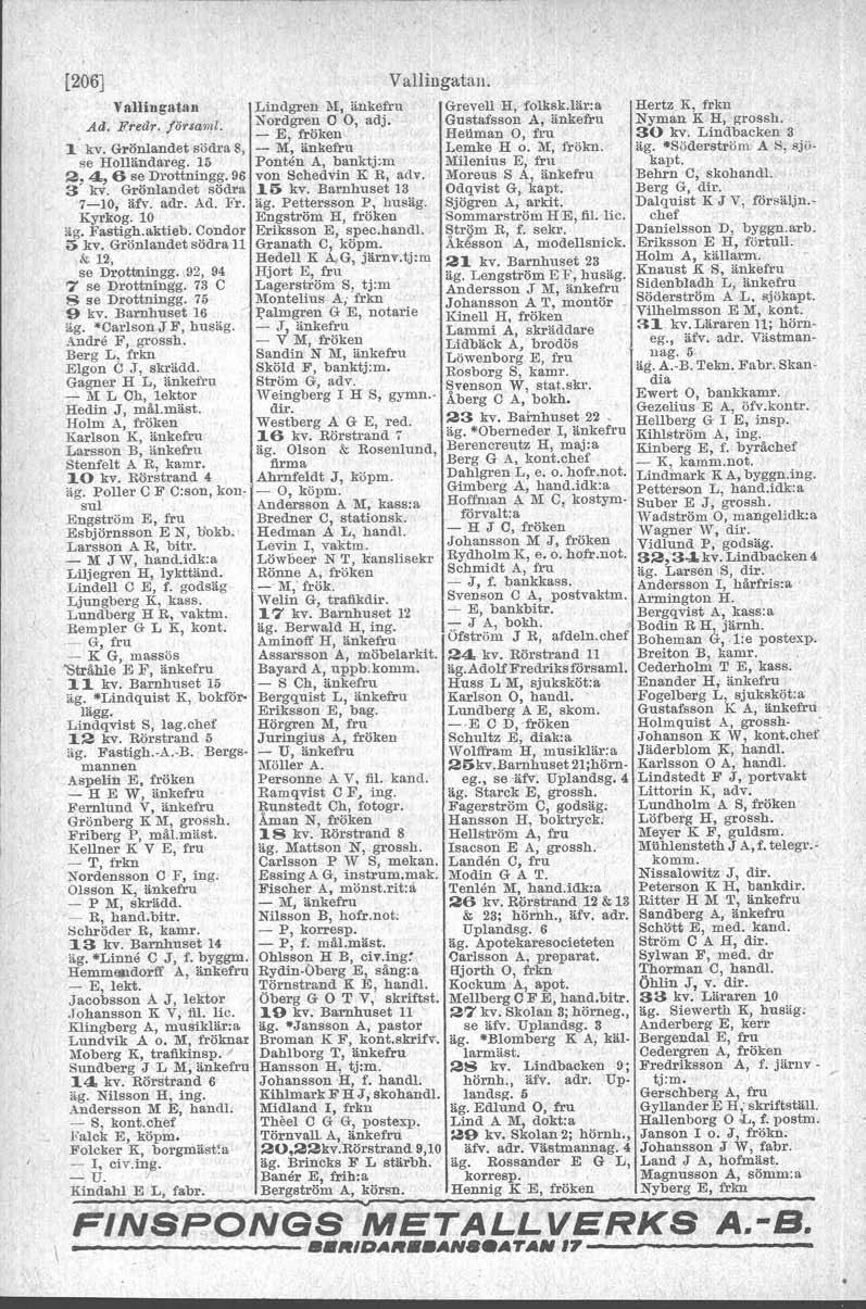 Gersehberg [206] Vallingatan. Vallingntan Lindgren M, änkefru Grevell H, folksk.lär:a Hertz K, frkn Ad. Fretir.!ö'f3aml. Nordgren C O, adj, Gustafsson A, änkefru Nyman K H, groash.